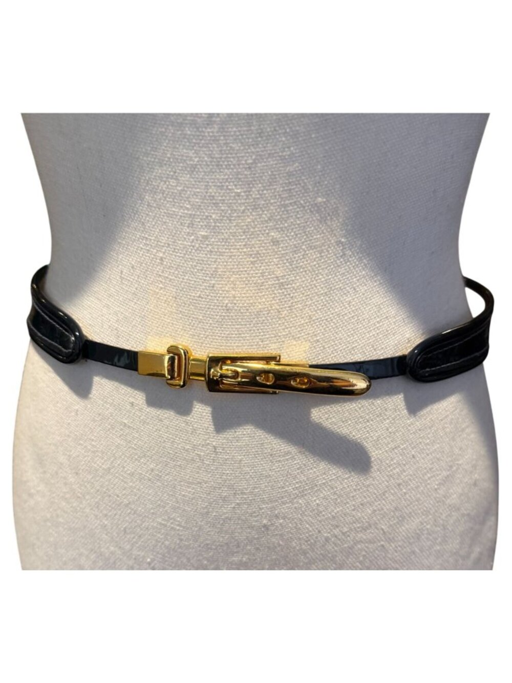 Streets Ahead Black Patent Leather Belt Gold Buckle Contrast Stitching Medium